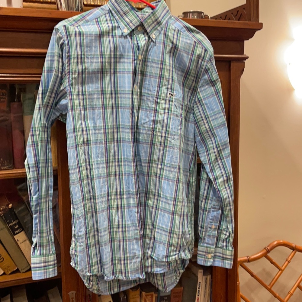 Vineyard vines slim fit men’s M,blue/green plaid, 100% cotton, button dn collar